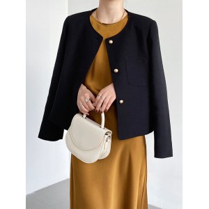 Original Creation Long Sleeves Loose Buttoned Solid Color Round-Neck Outerwear