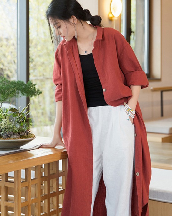 Artistic Retro Loose Simple Casual Solid Color Ramie Trench Coat