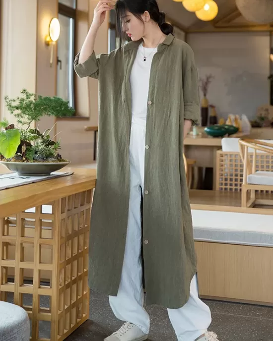 Artistic Retro Loose Simple Casual Solid Color Ramie Trench Coat