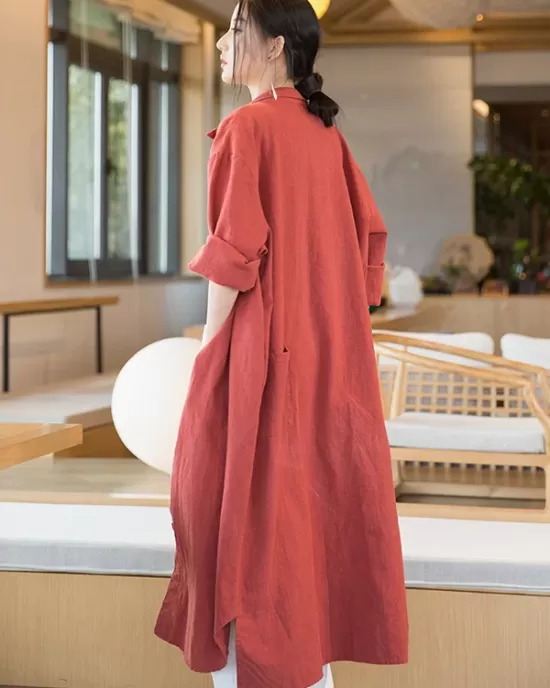 Artistic Retro Loose Simple Casual Solid Color Ramie Trench Coat