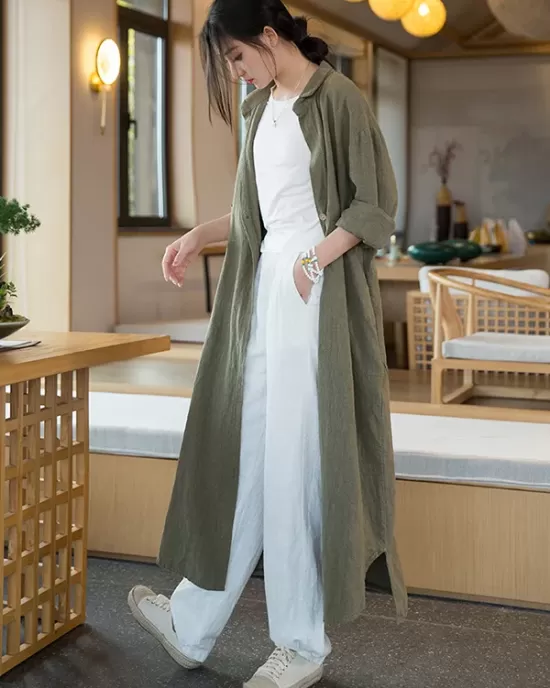 Artistic Retro Loose Simple Casual Solid Color Ramie Trench Coat