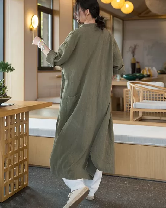 Artistic Retro Loose Simple Casual Solid Color Ramie Trench Coat