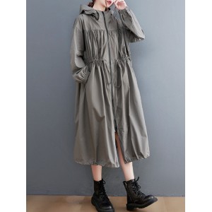 Casual Loose Solid Color Zipper Drawstring Long Sleeves Hooded Trench Coat