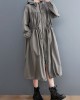 Casual Loose Solid Color Zipper Drawstring Long Sleeves Hooded Trench Coat