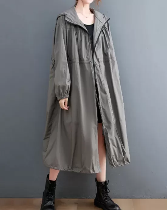 Casual Loose Solid Color Zipper Drawstring Long Sleeves Hooded Trench Coat