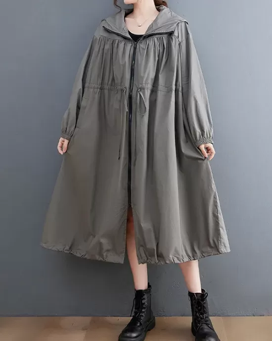 Casual Loose Solid Color Zipper Drawstring Long Sleeves Hooded Trench Coat