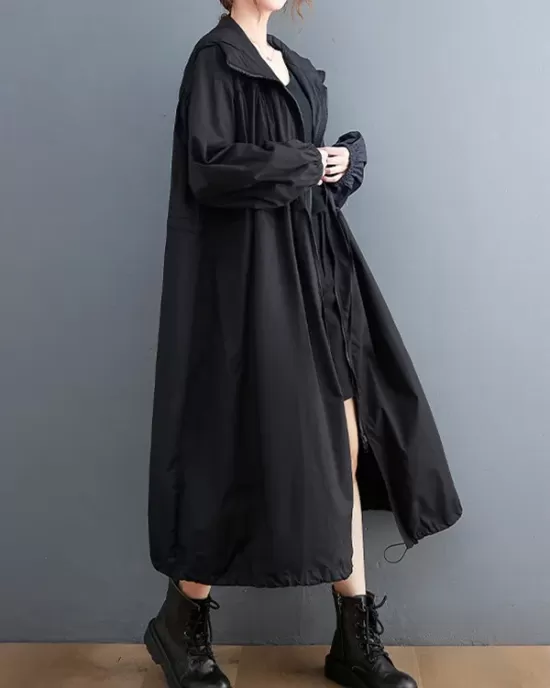 Casual Loose Solid Color Zipper Drawstring Long Sleeves Hooded Trench Coat