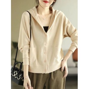 Casual Long Sleeves Loose Buttoned Solid Color Hooded Knitting Outerwear