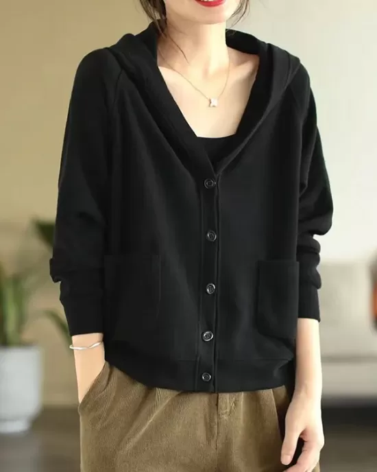 Casual Long Sleeves Loose Buttoned Solid Color Hooded Knitting Outerwear