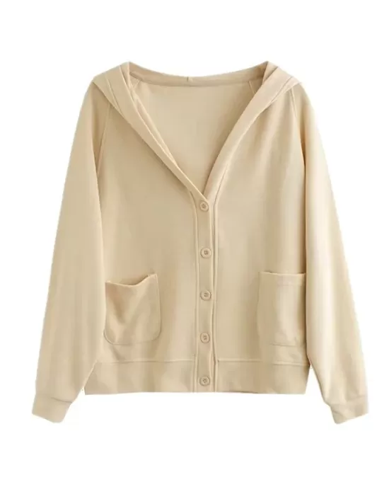 Casual Long Sleeves Loose Buttoned Solid Color Hooded Knitting Outerwear