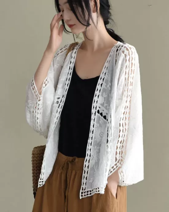 Seven-Quarter Sleeves Crochet Hollow Solid Color Outerwear