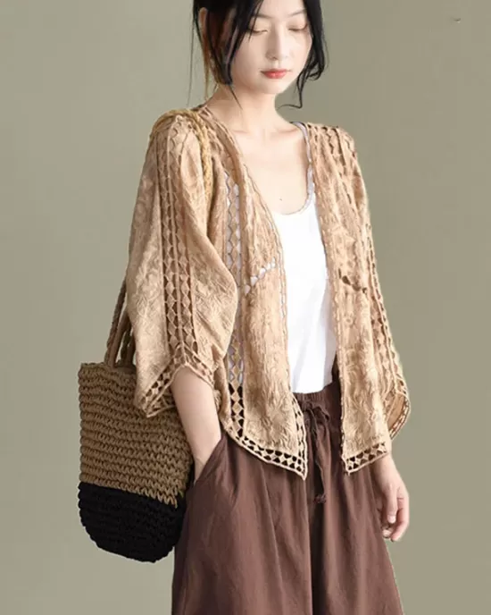 Seven-Quarter Sleeves Crochet Hollow Solid Color Outerwear