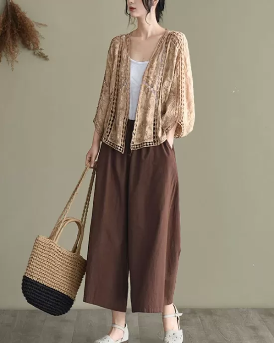 Seven-Quarter Sleeves Crochet Hollow Solid Color Outerwear