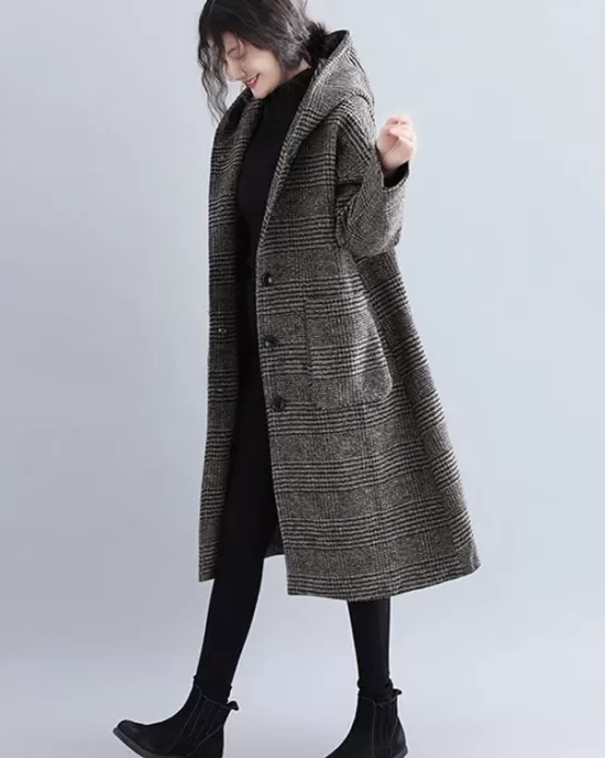 Loose Plaid Woolen Hood Coat