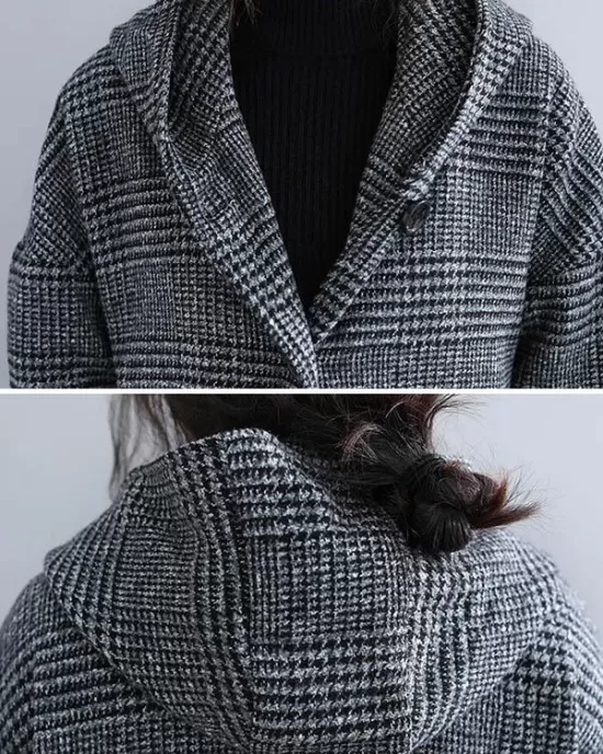 Loose Plaid Woolen Hood Coat