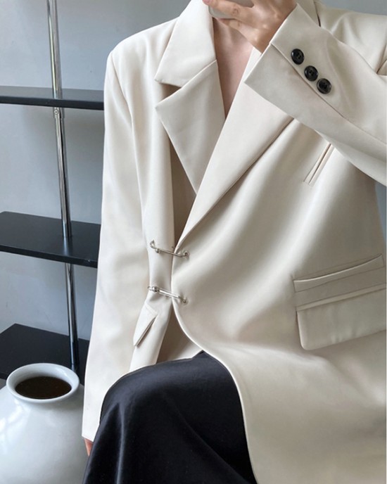 Urban Long Sleeves Loose Solid Color Pin Lapel Collar Suit Outerwear