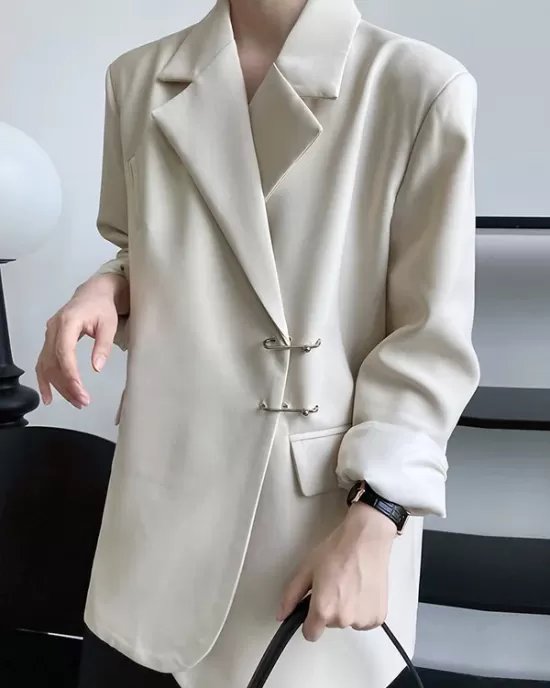 Urban Long Sleeves Loose Solid Color Pin Lapel Collar Suit Outerwear