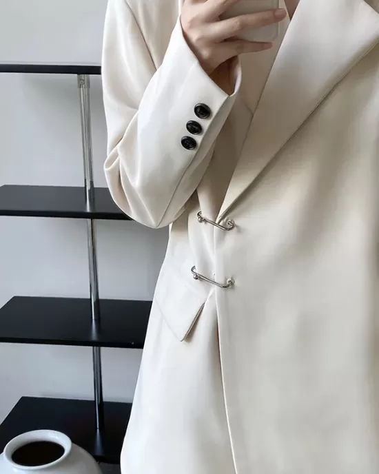 Urban Long Sleeves Loose Solid Color Pin Lapel Collar Suit Outerwear