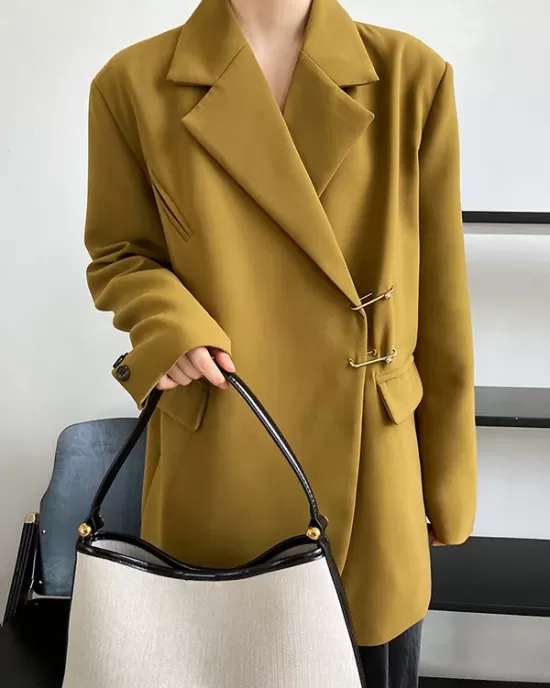 Urban Long Sleeves Loose Solid Color Pin Lapel Collar Suit Outerwear