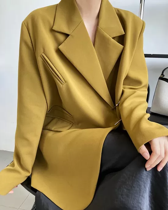 Urban Long Sleeves Loose Solid Color Pin Lapel Collar Suit Outerwear