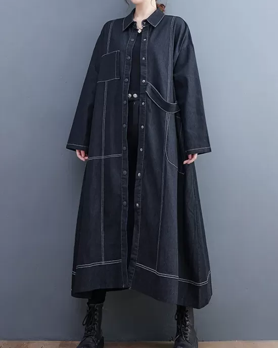 Casual Loose Long Sleeves Buttoned Lapel Collar Denim Trench Coats