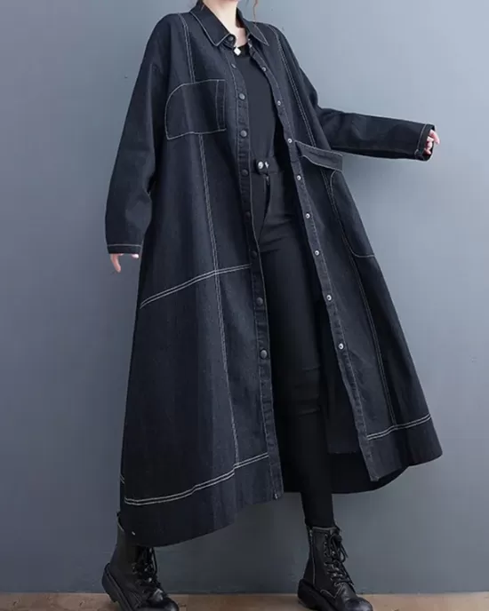 Casual Loose Long Sleeves Buttoned Lapel Collar Denim Trench Coats