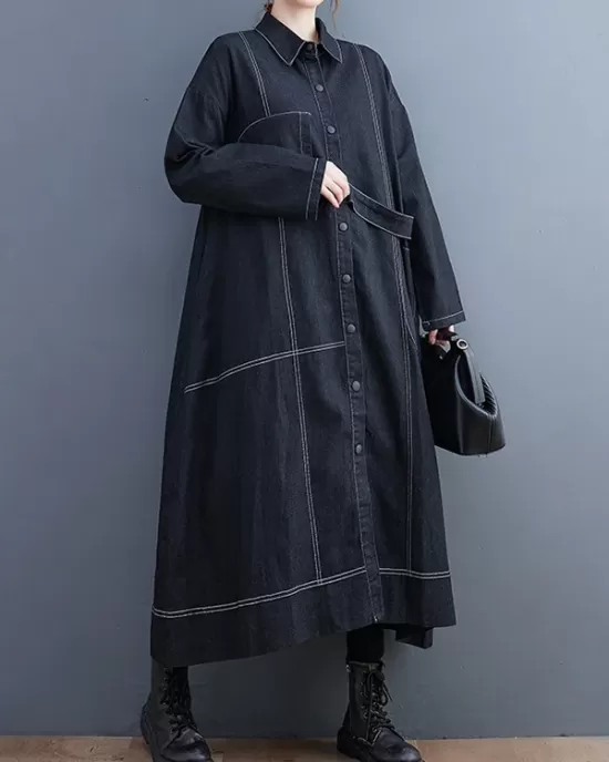 Casual Loose Long Sleeves Buttoned Lapel Collar Denim Trench Coats