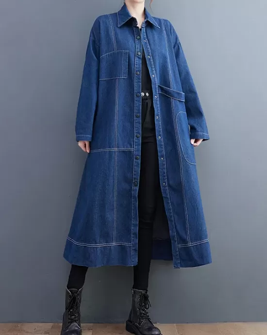 Casual Loose Long Sleeves Buttoned Lapel Collar Denim Trench Coats