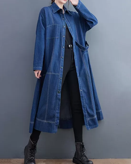 Casual Loose Long Sleeves Buttoned Lapel Collar Denim Trench Coats