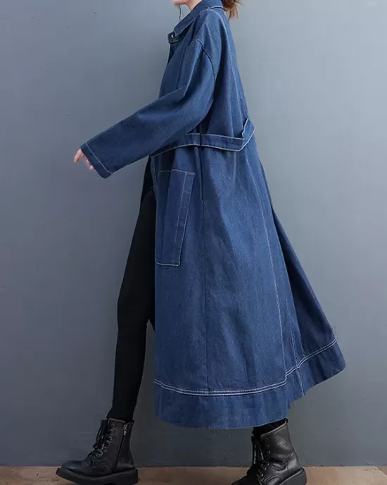 Casual Loose Long Sleeves Buttoned Lapel Collar Denim Trench Coats