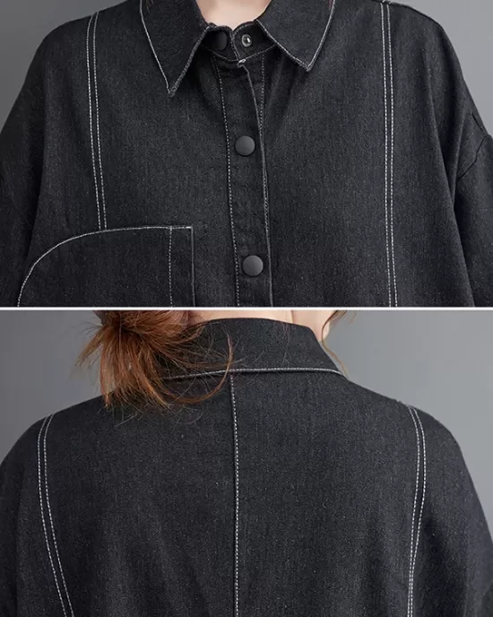 Casual Loose Long Sleeves Buttoned Lapel Collar Denim Trench Coats