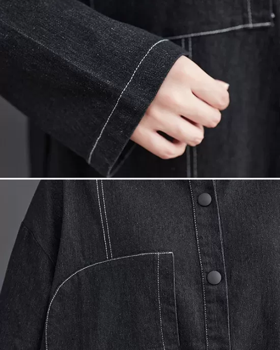 Casual Loose Long Sleeves Buttoned Lapel Collar Denim Trench Coats