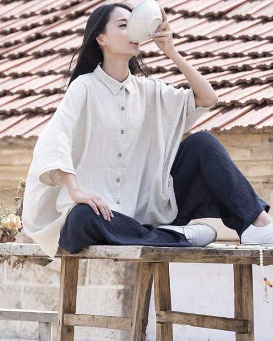 Vintage Simple Ramie Cotton Outwear Tops