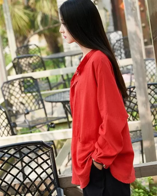 Soft Red Ramie Cotton Blouse Outwear