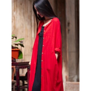 Soft Red Ramie Cotton Linen Cover-up Cardigan