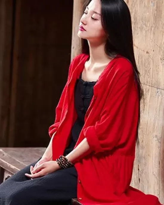 Soft Red Ramie Cotton Linen Cover-up Cardigan