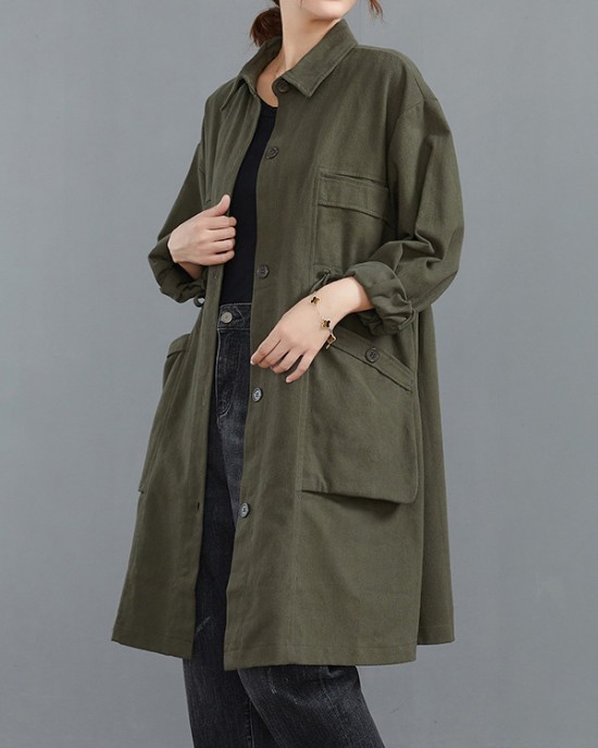 Casual Loose Solid Color Buttoned Lapel Collar Long Sleeves Trench Coat