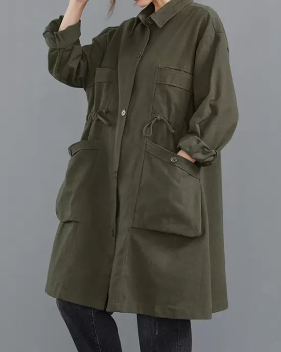 Casual Loose Solid Color Buttoned Lapel Collar Long Sleeves Trench Coat