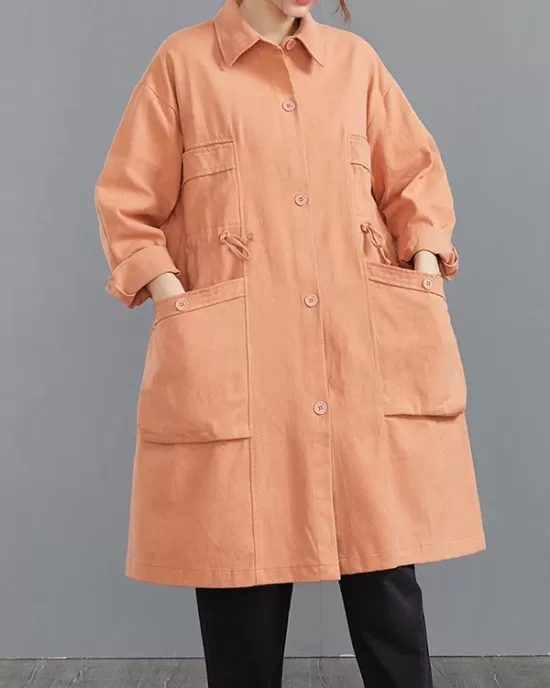 Casual Loose Solid Color Buttoned Lapel Collar Long Sleeves Trench Coat