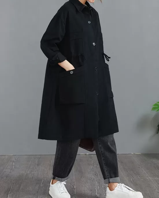 Casual Loose Solid Color Buttoned Lapel Collar Long Sleeves Trench Coat