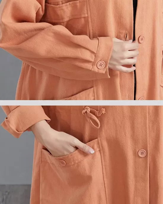 Casual Loose Solid Color Buttoned Lapel Collar Long Sleeves Trench Coat