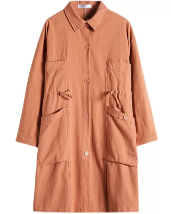 Casual Loose Solid Color Buttoned Lapel Collar Long Sleeves Trench Coat