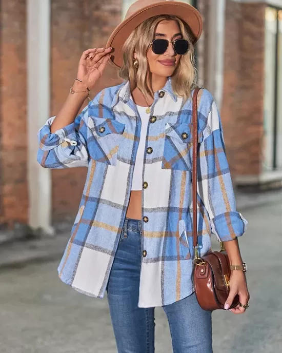 Casual Loose Buckle Plaid Polo Shirt Top