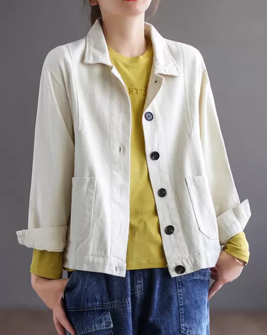 Vintage Loose Long Sleeves Buttoned Solid Color Lapel Collar Outerwear