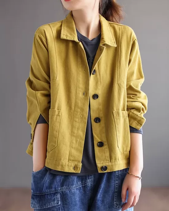 Vintage Loose Long Sleeves Buttoned Solid Color Lapel Collar Outerwear