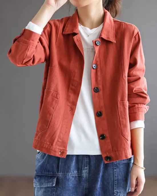 Vintage Loose Long Sleeves Buttoned Solid Color Lapel Collar Outerwear