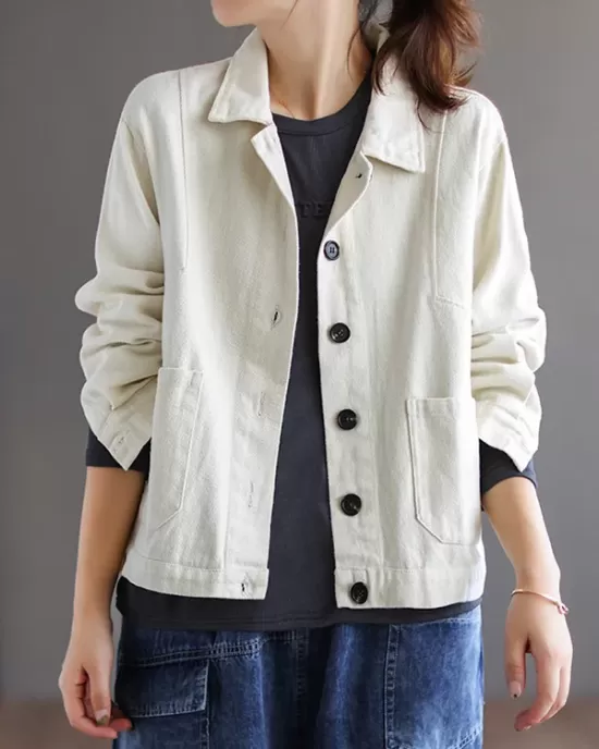 Vintage Loose Long Sleeves Buttoned Solid Color Lapel Collar Outerwear