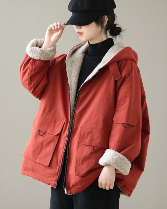 Artistic Retro Long Sleeves Loose Keep Warm Fleece Lining Zipper Hooded Outerwear