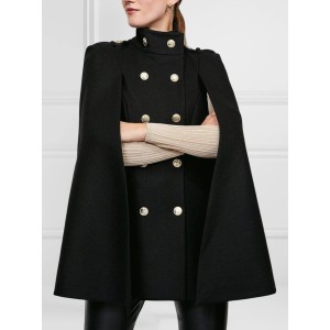 Loose Buttoned Solid Color Stand Collar Woolen Coat Cape Coats