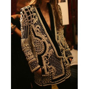 Original Creation Loose Long Sleeves Beads Printed V-Neck Blazer Outerwear